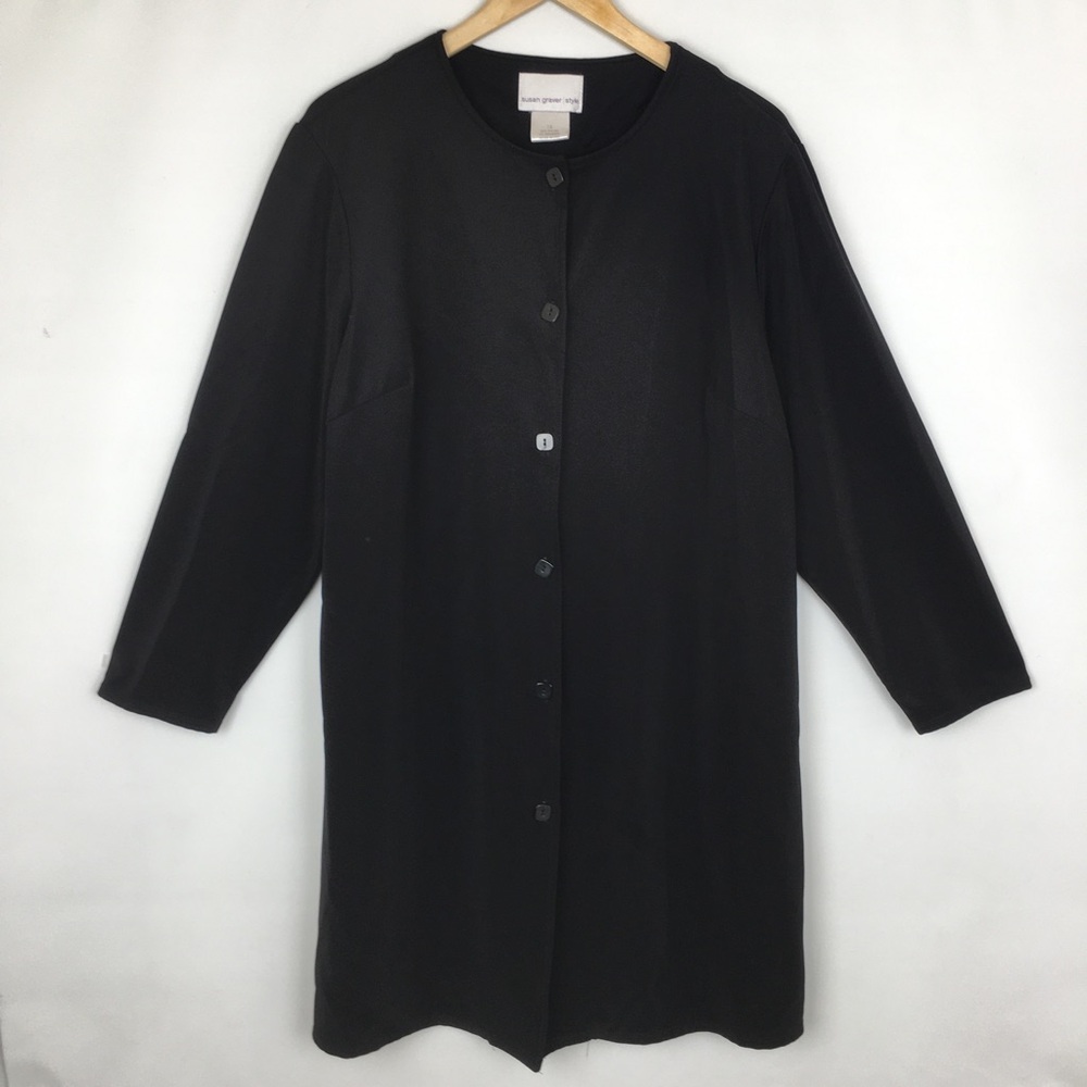 Susan Graver Women's Long Slink Tunic Button Front Top Blouse Jacket Sz 1X Black